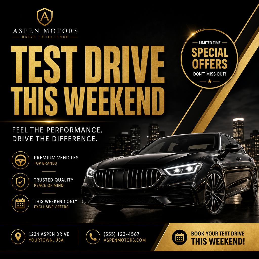 Static post — Dealership weekend test-drive offer with trust icons.