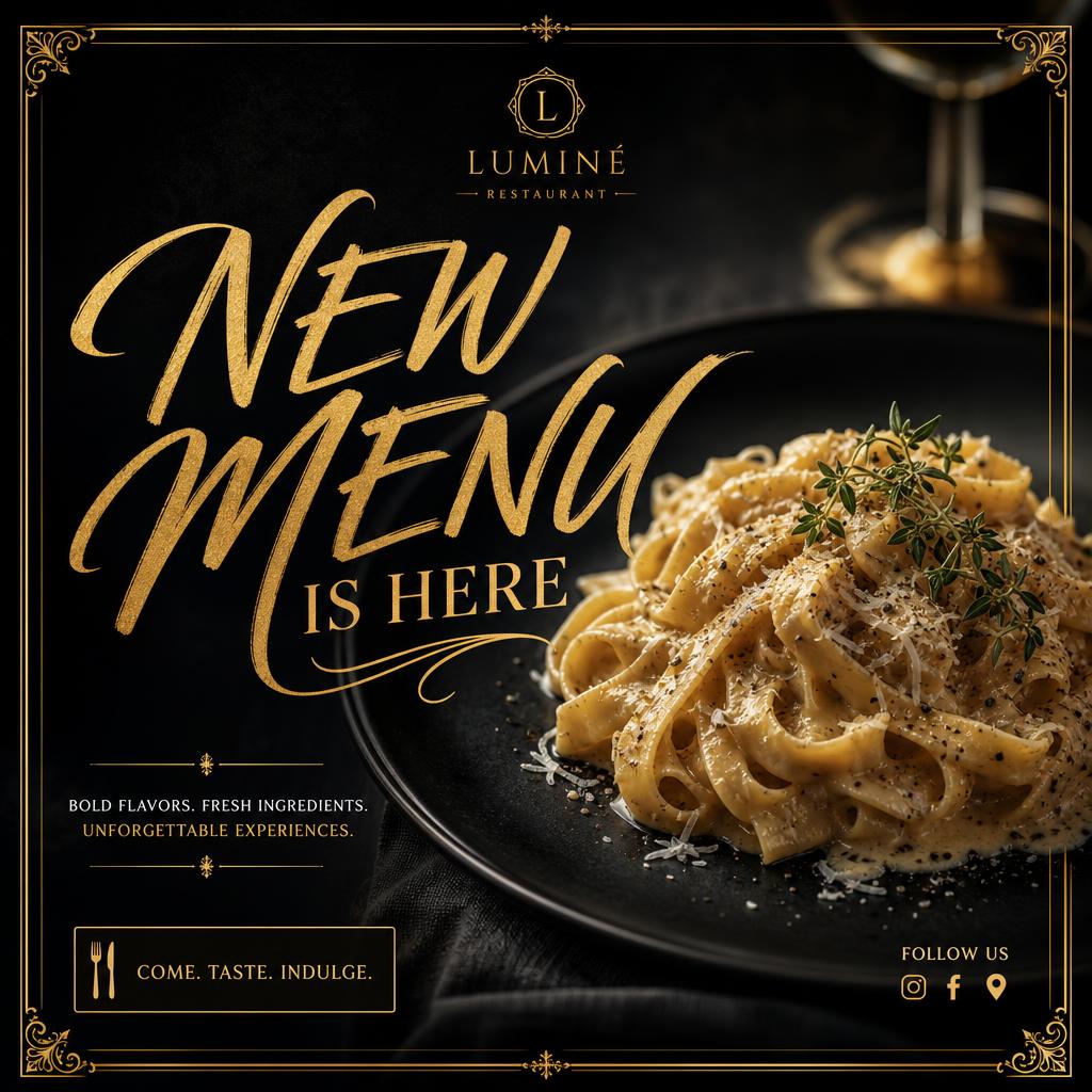 Static post — Restaurant new-menu launch in ornate gold frame.