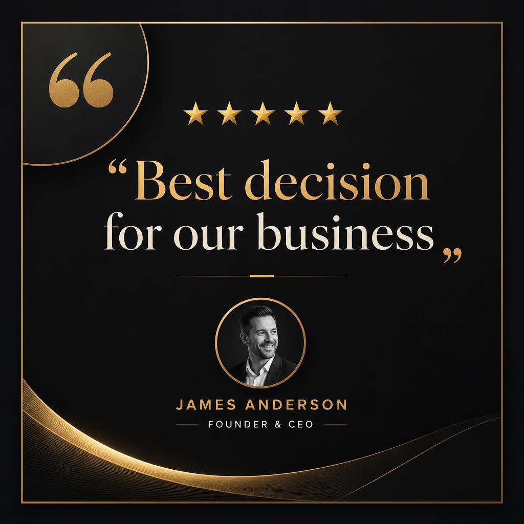 Testimonial — Five-star review card in brand type and palette.