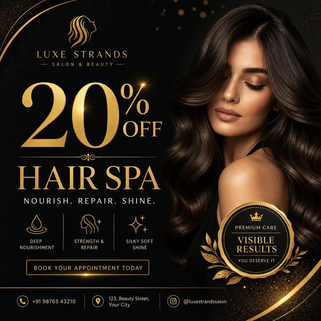 Offer post — Salon hair-spa discount with badge and booking CTA.