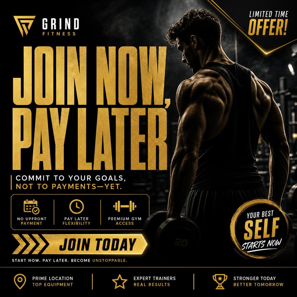 Static post — Gym join-now-pay-later offer with high-contrast cutout.