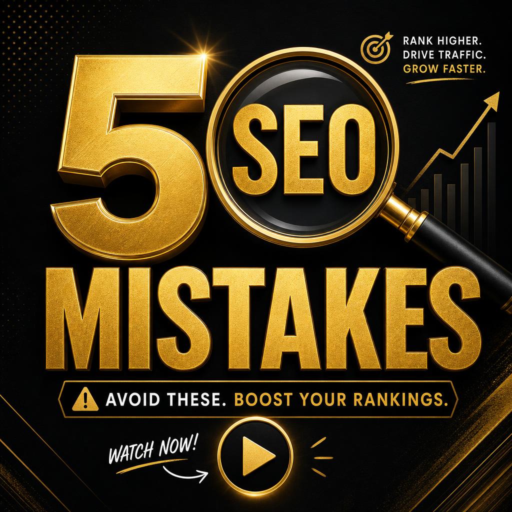 Reel cover — SEO mistakes cover — chunky numeral hook and play badge.