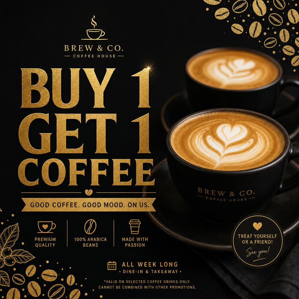 Offer post — Cafe buy-one-get-one with bean pattern and terms line.