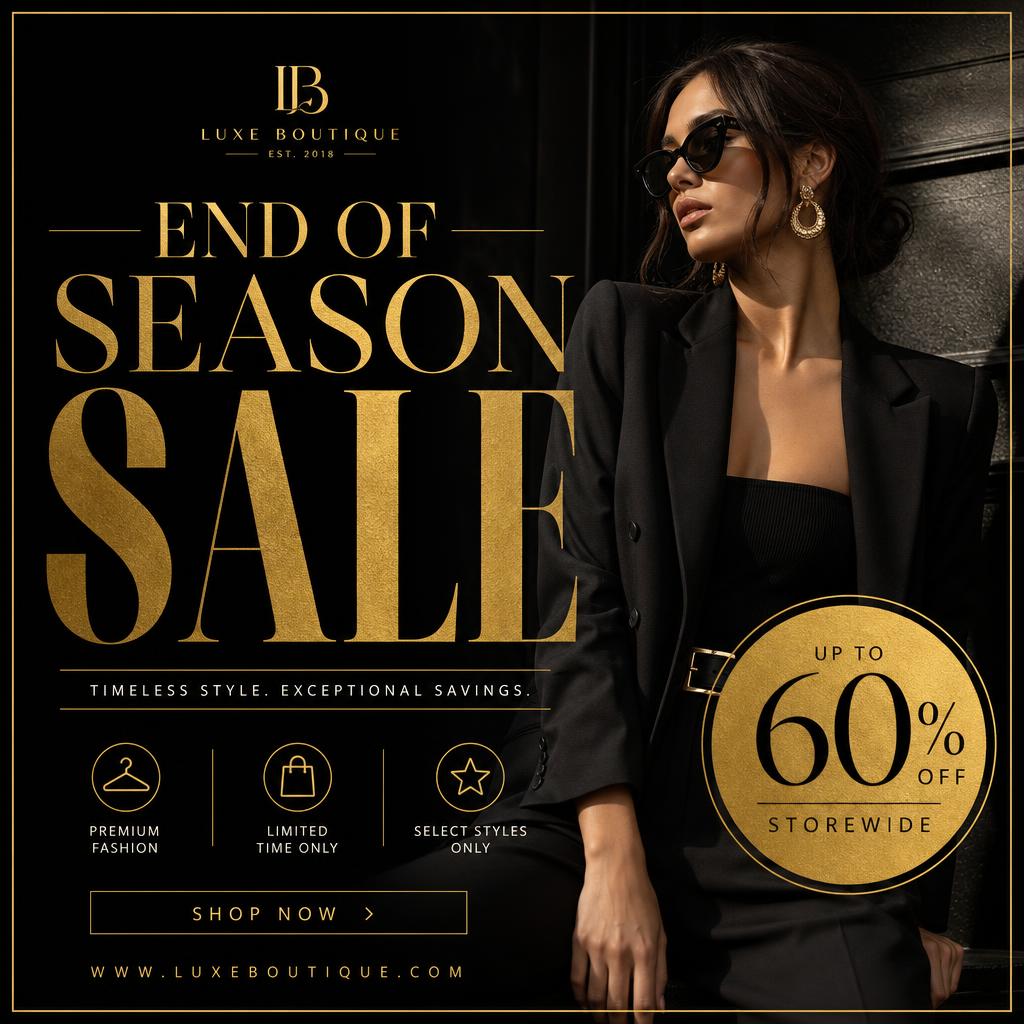 Static post — Boutique end-of-season sale in editorial fashion layout.