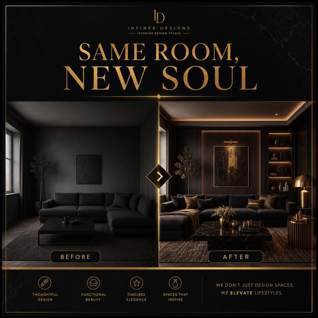 Before / after — Interior transformation split with gold divider.