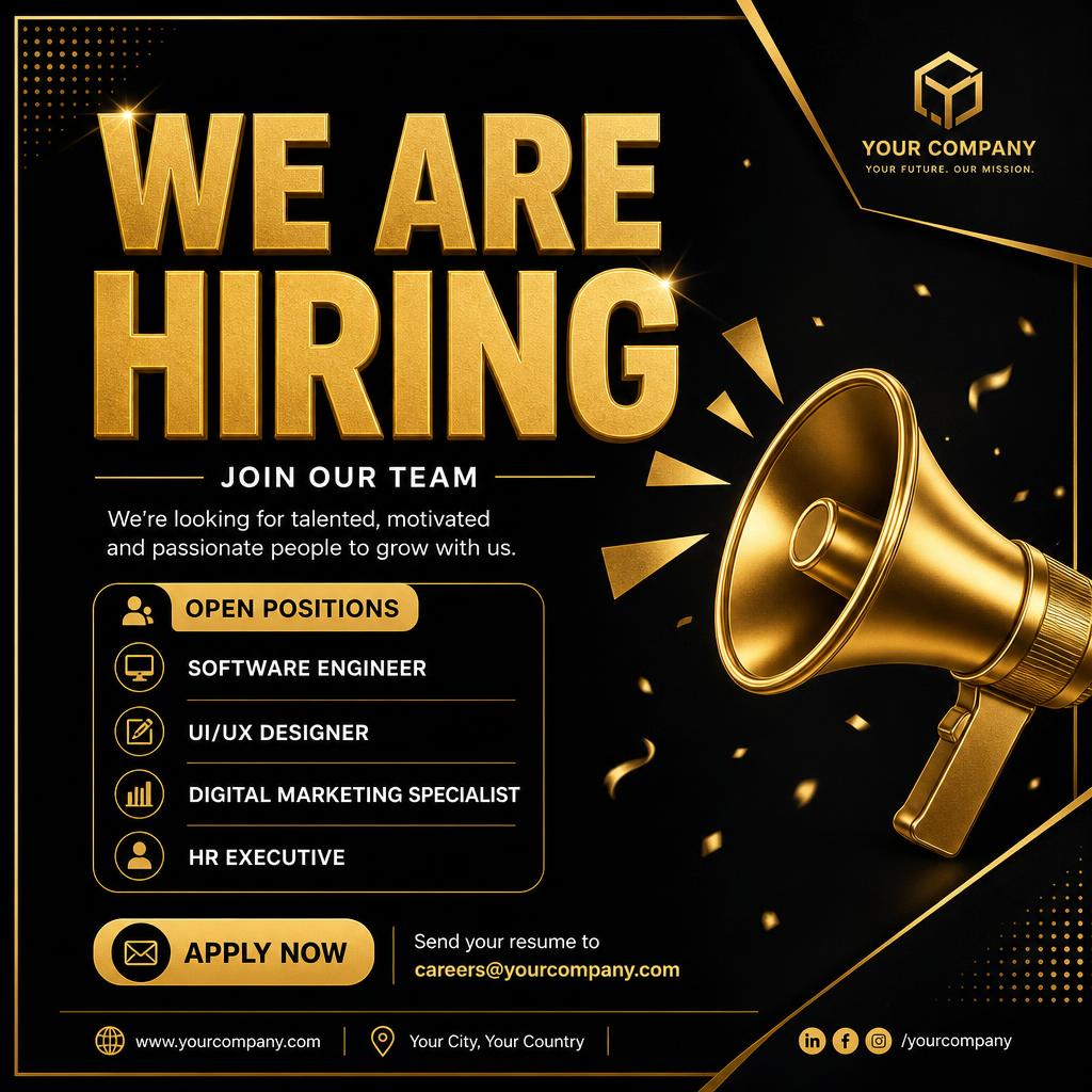 Hiring post — We-are-hiring layout with open-roles list and apply CTA.